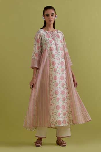 Shop_Upavita_Off White Cotton, Chanderi Round Neck, Yes Hand Block Print Kurta Set _Online_at_Aza_Fashions