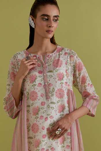 Shop_Upavita_Off White Cotton, Chanderi Round Neck, Yes Hand Block Print Kurta Set 