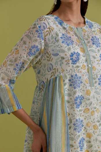 Buy_Upavita_Off White Cotton, Chanderi Round Neck Floral Print Kurta Set 