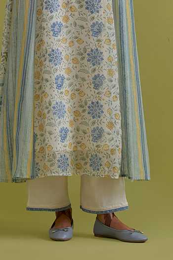 Shop_Upavita_Off White Cotton, Chanderi Round Neck Floral Print Kurta Set 