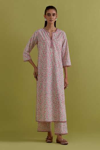 Upavita_Pink Cotton, Chanderi Round Neck Floral Block Print Kurta Set _at_Aza_Fashions