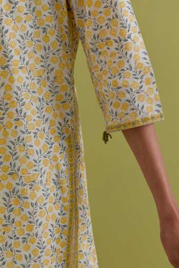 Shop_Upavita_Green Cotton, Chanderi Round Neck Floral Hand Block Print Kurta Set 