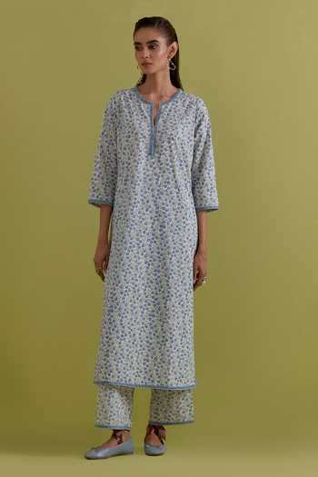 Upavita_Blue Cotton, Chanderi Round Neck, Yes Hand Block Print Kurta Set _Online_at_Aza_Fashions