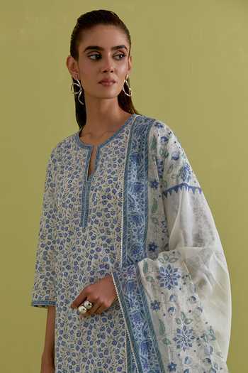 Buy_Upavita_Blue Cotton, Chanderi Round Neck, Yes Hand Block Print Kurta Set _Online_at_Aza_Fashions