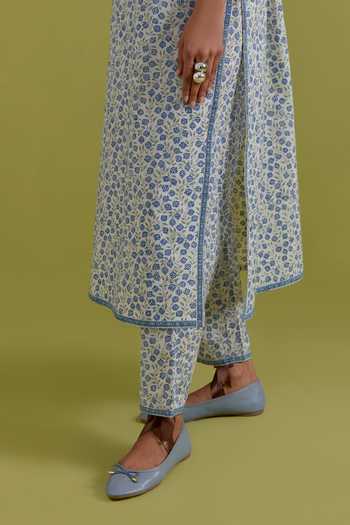 Shop_Upavita_Blue Cotton, Chanderi Round Neck, Yes Hand Block Print Kurta Set _Online_at_Aza_Fashions