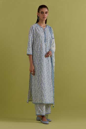 Upavita_Blue Cotton, Chanderi Round Neck, Yes Hand Block Print Kurta Set _at_Aza_Fashions