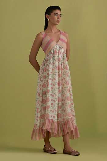 Upavita_Off White Cotton, Chanderi V-neck Hand Block Print Dress _Online_at_Aza_Fashions