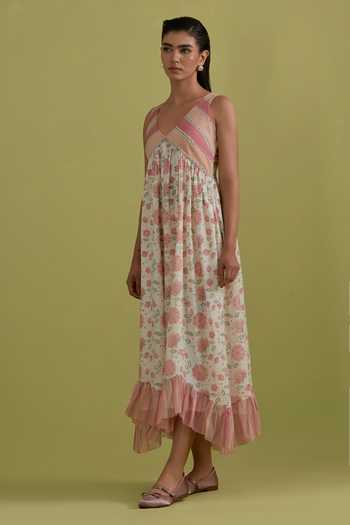 Buy_Upavita_Off White Cotton, Chanderi V-neck Hand Block Print Dress _Online_at_Aza_Fashions