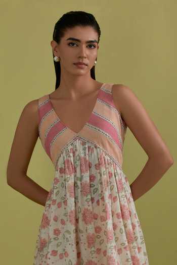 Shop_Upavita_Off White Cotton, Chanderi V-neck Hand Block Print Dress _Online_at_Aza_Fashions