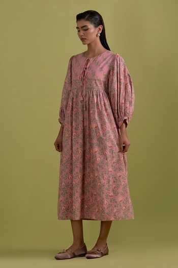 Upavita_Pink Cotton Round Neck Hand Block Print Dress _Online_at_Aza_Fashions