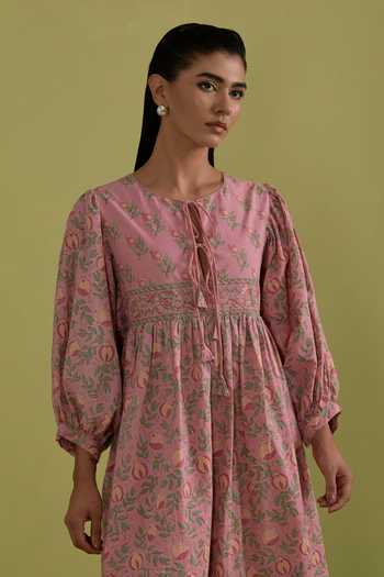 Buy_Upavita_Pink Cotton Round Neck Hand Block Print Dress _Online_at_Aza_Fashions