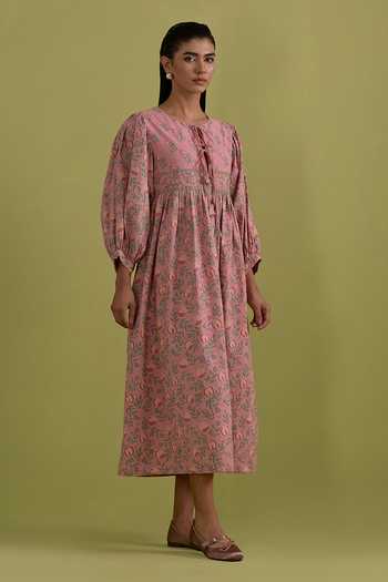 Shop_Upavita_Pink Cotton Round Neck Hand Block Print Dress _Online_at_Aza_Fashions