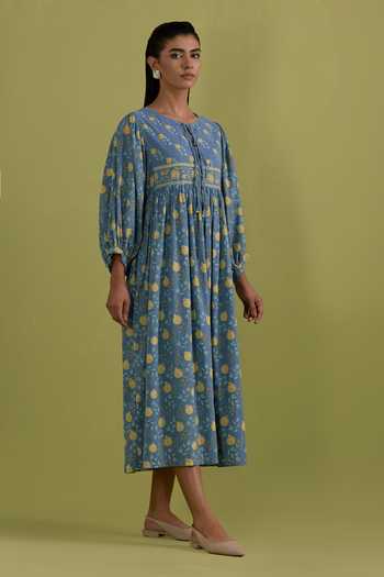 Upavita_Blue Cotton Round Neck Hand Block Print Dress _Online_at_Aza_Fashions