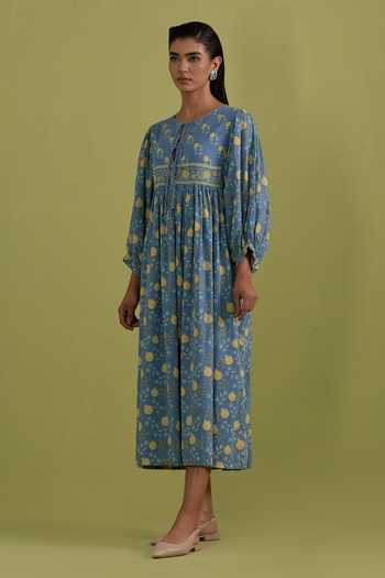 Buy_Upavita_Blue Cotton Round Neck Hand Block Print Dress _Online_at_Aza_Fashions