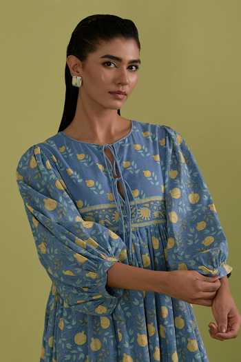 Shop_Upavita_Blue Cotton Round Neck Hand Block Print Dress _Online_at_Aza_Fashions