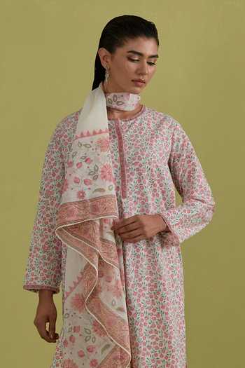 Shop_Upavita_Pink Cotton, Chanderi Round Neck Floral Print Kurta Set _Online_at_Aza_Fashions