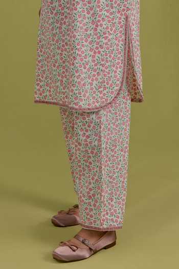 Upavita_Pink Cotton, Chanderi Round Neck Floral Print Kurta Set _at_Aza_Fashions