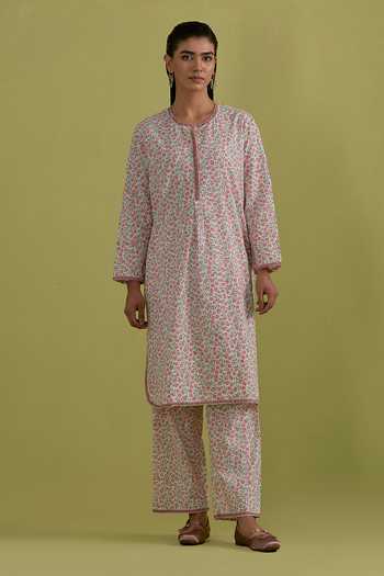 Shop_Upavita_Pink Cotton, Chanderi Round Neck Floral Print Kurta Set 