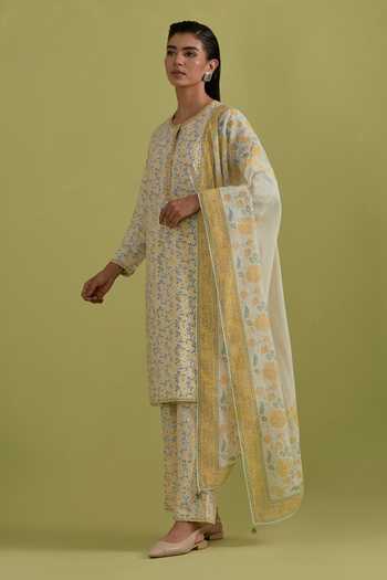 Upavita_Green Cotton, Chanderi Round Neck Hand Block Print Kurta Set _Online_at_Aza_Fashions