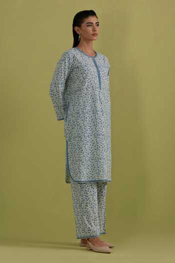 Upavita_Blue Cotton, Chanderi Round Neck Floral Print Kurta Set _Online_at_Aza_Fashions