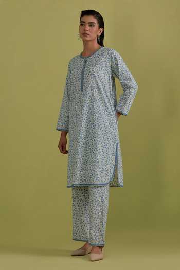 Buy_Upavita_Blue Cotton, Chanderi Round Neck Floral Print Kurta Set _Online_at_Aza_Fashions
