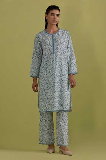 Shop_Upavita_Blue Cotton, Chanderi Round Neck Floral Print Kurta Set _Online_at_Aza_Fashions
