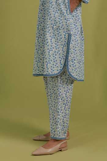 Upavita_Blue Cotton, Chanderi Round Neck Floral Print Kurta Set _at_Aza_Fashions