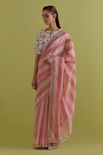 Upavita_Pink Cotton, Chanderi Round Neck Hand Block Print Saree With Blouse _Online_at_Aza_Fashions