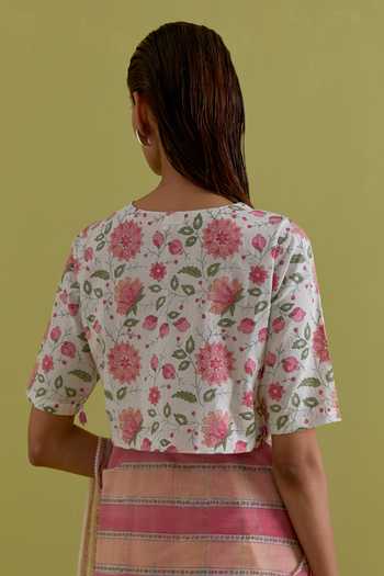 Buy_Upavita_Pink Cotton, Chanderi Round Neck Hand Block Print Saree With Blouse _Online_at_Aza_Fashions