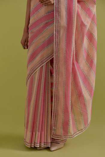 Shop_Upavita_Pink Cotton, Chanderi Round Neck Hand Block Print Saree With Blouse _Online_at_Aza_Fashions