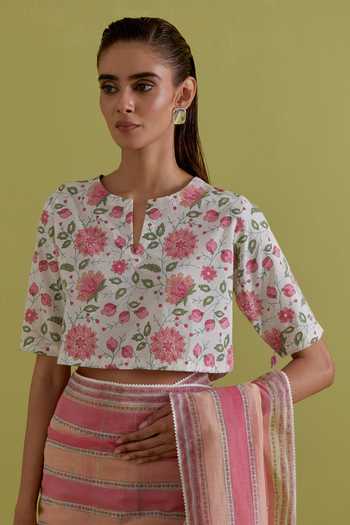 Upavita_Pink Cotton, Chanderi Round Neck Hand Block Print Saree With Blouse _at_Aza_Fashions