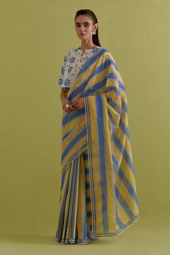 Upavita_Blue Cotton, Chanderi Round Neck Striped Saree And Blouse Set _Online_at_Aza_Fashions