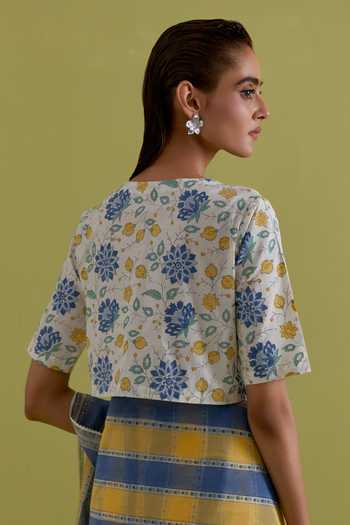 Buy_Upavita_Blue Cotton, Chanderi Round Neck Striped Saree And Blouse Set _Online_at_Aza_Fashions