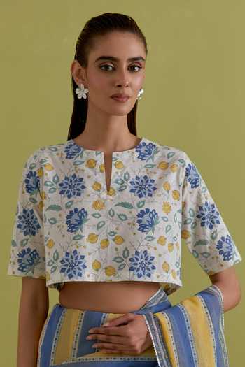 Shop_Upavita_Blue Cotton, Chanderi Round Neck Striped Saree And Blouse Set _Online_at_Aza_Fashions