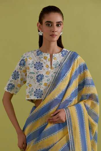 Upavita_Blue Cotton, Chanderi Round Neck Striped Saree And Blouse Set _at_Aza_Fashions
