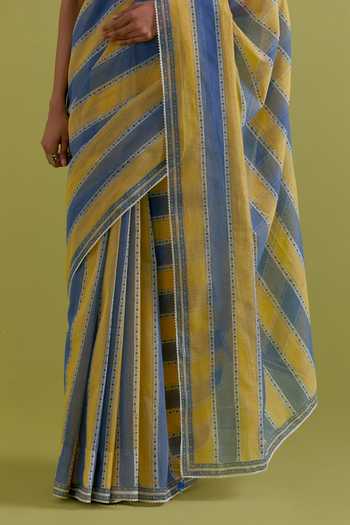 Buy_Upavita_Blue Cotton, Chanderi Round Neck Striped Saree And Blouse Set 