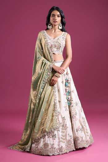 Samyukta Singhania Cream Tissue Sweetheart Neck Sequins Embroidered Lehenga Set at Aza Fashions Samyukta Singhania_Cream Tissue Sweetheart Neck Sequins Embroidered Lehenga Set _at_Aza_Fashions