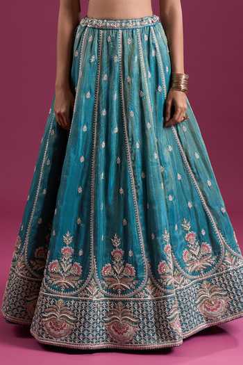 Samyukta Singhania_Blue Tissue Sweetheart Neck Sequins Embroidered Lehenga Set _Online_at_Aza_Fashions