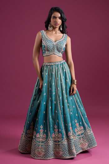 Buy_Samyukta Singhania_Blue Tissue Sweetheart Neck Sequins Embroidered Lehenga Set _Online_at_Aza_Fashions