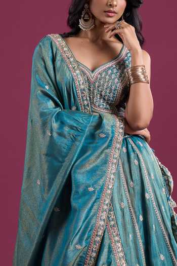 Shop_Samyukta Singhania_Blue Tissue Sweetheart Neck Sequins Embroidered Lehenga Set _Online_at_Aza_Fashions