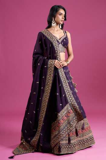 Buy_Samyukta Singhania_Purple Silk Sweetheart Neck Sequins Embroidered Chinnon Lehenga Set _Online_at_Aza_Fashions