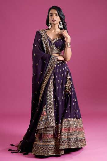 Shop_Samyukta Singhania_Purple Silk Sweetheart Neck Sequins Embroidered Chinnon Lehenga Set 