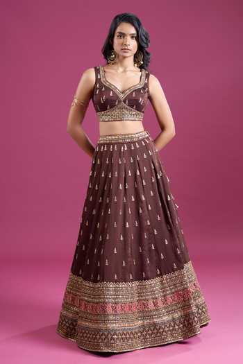 Samyukta Singhania_Brown Silk Sweetheart Neck Sequins Embroidered Chinnon Lehenga Set _Online_at_Aza_Fashions