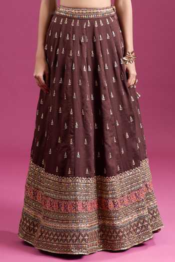 Shop_Samyukta Singhania_Brown Silk Sweetheart Neck Sequins Embroidered Chinnon Lehenga Set _Online_at_Aza_Fashions