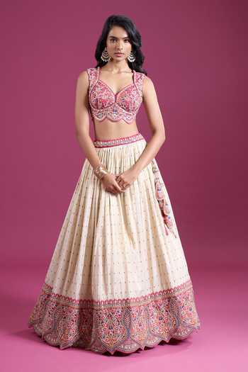 Shop_Samyukta Singhania_Cream Jacquard, Tissue Sweetheart Neck Sequins Embroidered Lehenga Set _Online_at_Aza_Fashions