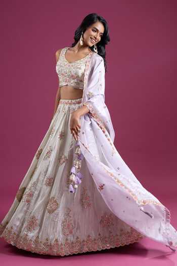Buy_Samyukta Singhania_Green Tissue Sweetheart Neck Sequinned And Zari Embroidered Lehenga Set _Online_at_Aza_Fashions