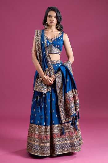 Samyukta Singhania_Blue Silk, Chinon Sweetheart Neck Sequinned And Zari Embroidered Lehenga Set _Online_at_Aza_Fashions