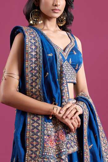 Buy_Samyukta Singhania_Blue Silk, Chinon Sweetheart Neck Sequinned And Zari Embroidered Lehenga Set _Online_at_Aza_Fashions