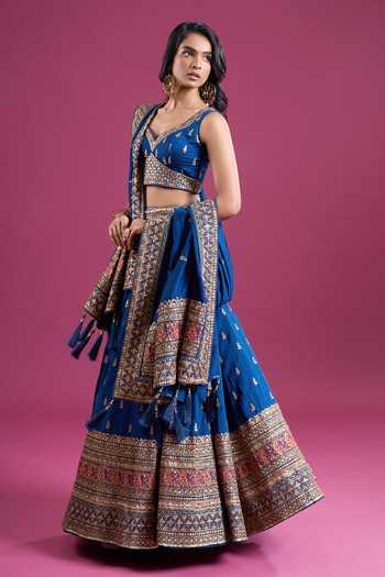 Shop_Samyukta Singhania_Blue Silk, Chinon Sweetheart Neck Sequinned And Zari Embroidered Lehenga Set _Online_at_Aza_Fashions