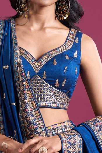 Buy_Samyukta Singhania_Blue Silk, Chinon Sweetheart Neck Sequinned And Zari Embroidered Lehenga Set 